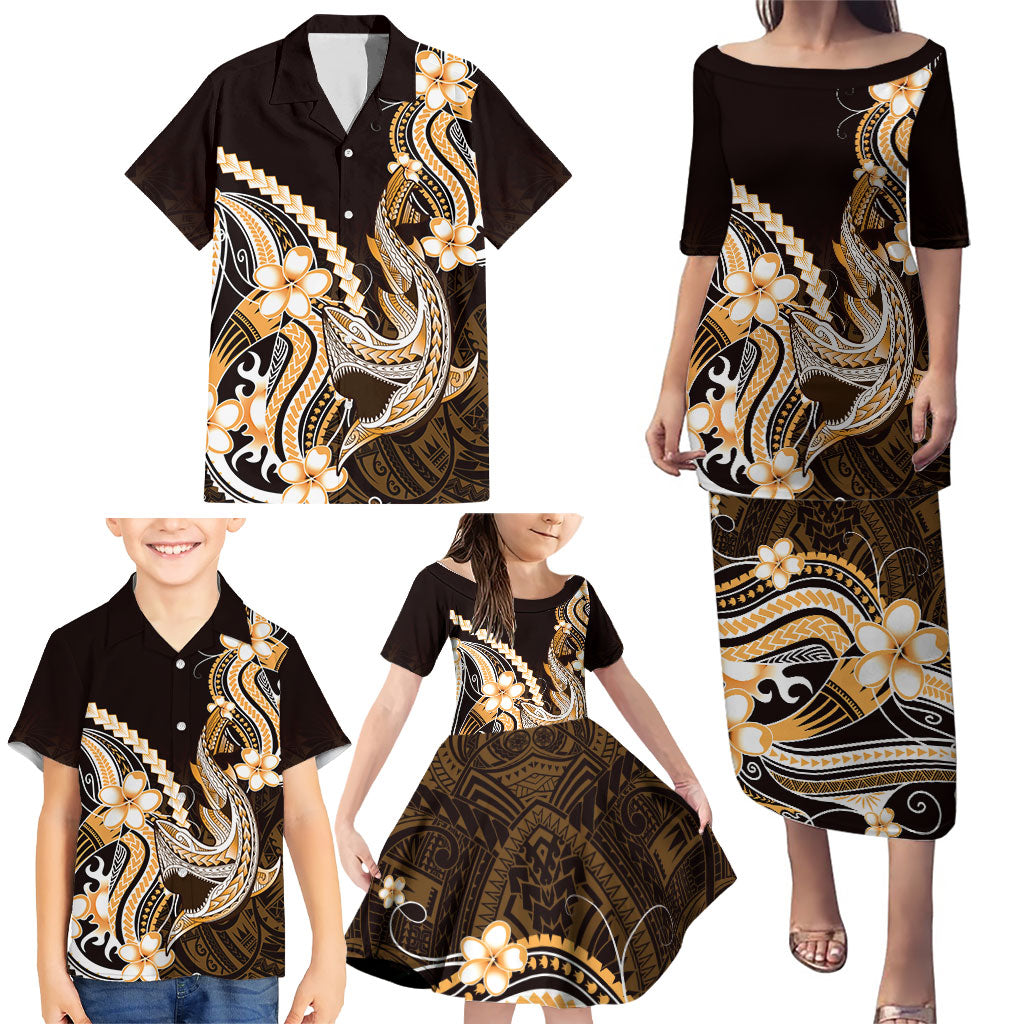 Orange Black Aloha Hawaii Family Matching Puletasi and Hawaiian Shirt Polynesian Shark Tattoo Plumeria LT14 - Polynesian Pride