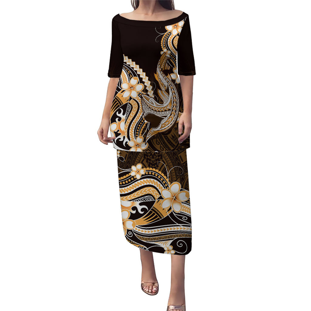 Orange Black Aloha Hawaii Family Matching Puletasi and Hawaiian Shirt Polynesian Shark Tattoo Plumeria LT14 Mom's Dress Orange - Polynesian Pride