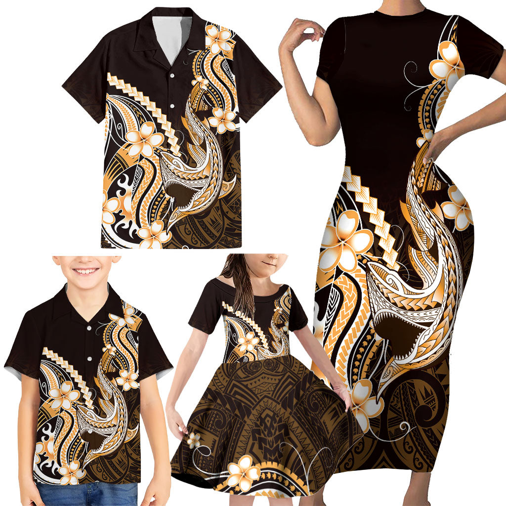 Orange Black Aloha Hawaii Family Matching Short Sleeve Bodycon Dress and Hawaiian Shirt Polynesian Shark Tattoo Plumeria LT14 - Polynesian Pride