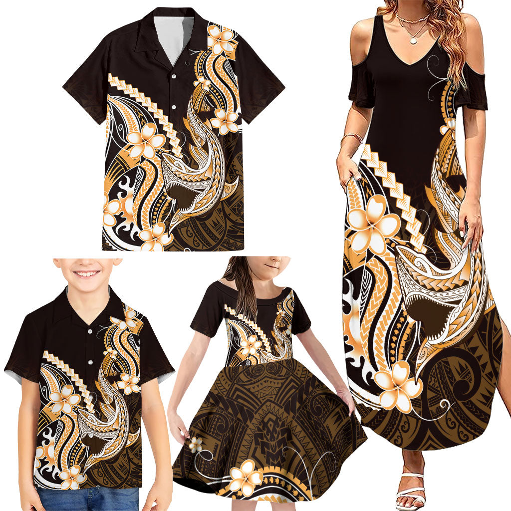 Orange Black Aloha Hawaii Family Matching Summer Maxi Dress and Hawaiian Shirt Polynesian Shark Tattoo Plumeria LT14 - Polynesian Pride