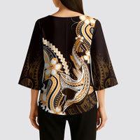Orange Black Aloha Hawaii Kimono Sleeve Blouse Polynesian Shark Tattoo Plumeria