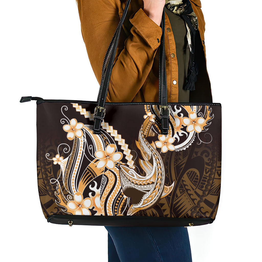 Orange Black Aloha Hawaii Leather Tote Bag Polynesian Shark Tattoo Plumeria