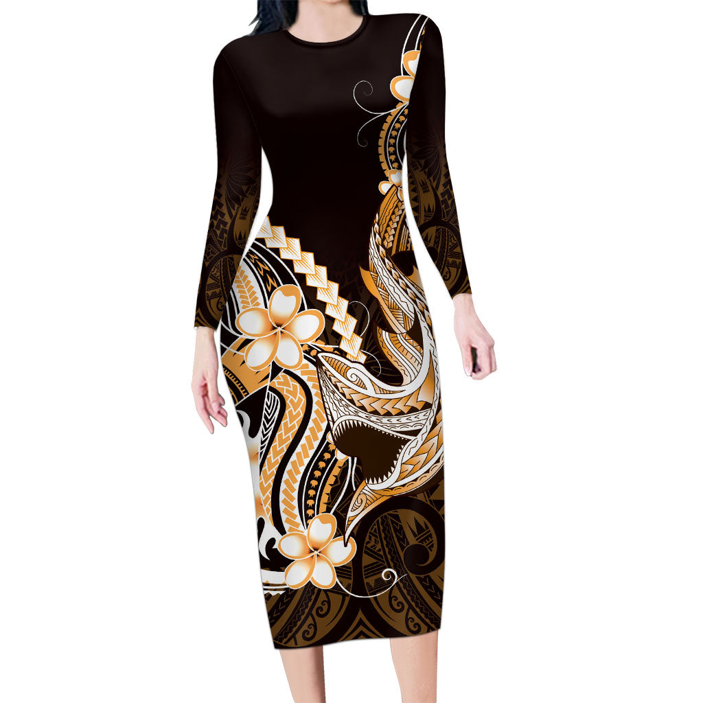 Orange Black Aloha Hawaii Long Sleeve Bodycon Dress Polynesian Shark Tattoo Plumeria