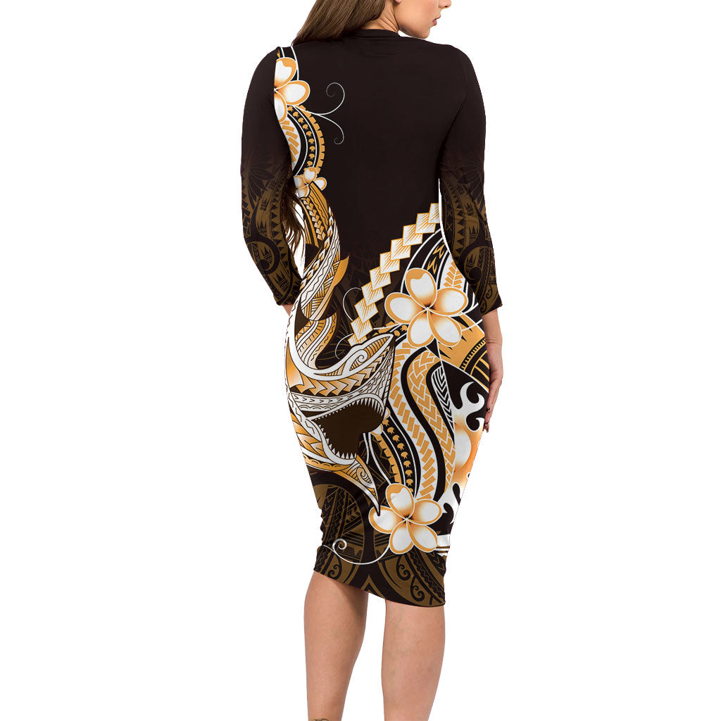 Orange Black Aloha Hawaii Long Sleeve Bodycon Dress Polynesian Shark Tattoo Plumeria