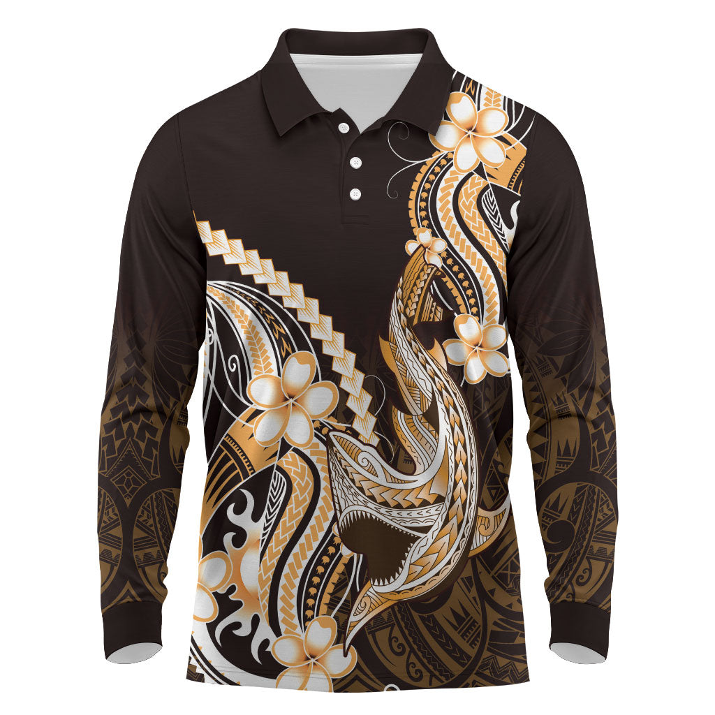 Orange Black Aloha Hawaii Long Sleeve Polo Shirt Polynesian Shark Tattoo Plumeria LT14 Orange - Polynesian Pride