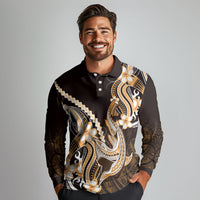 Orange Black Aloha Hawaii Long Sleeve Polo Shirt Polynesian Shark Tattoo Plumeria
