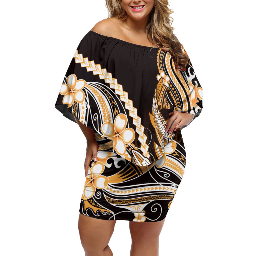 Orange Black Aloha Hawaii Off Shoulder Short Dress Polynesian Shark Tattoo Plumeria LT14 Women Orange - Polynesian Pride