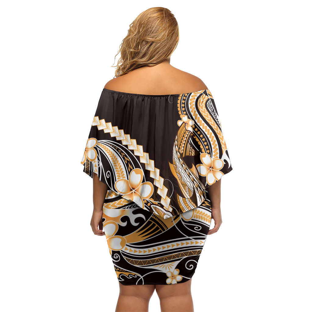 Orange Black Aloha Hawaii Off Shoulder Short Dress Polynesian Shark Tattoo Plumeria