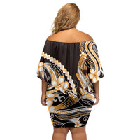 Orange Black Aloha Hawaii Off Shoulder Short Dress Polynesian Shark Tattoo Plumeria