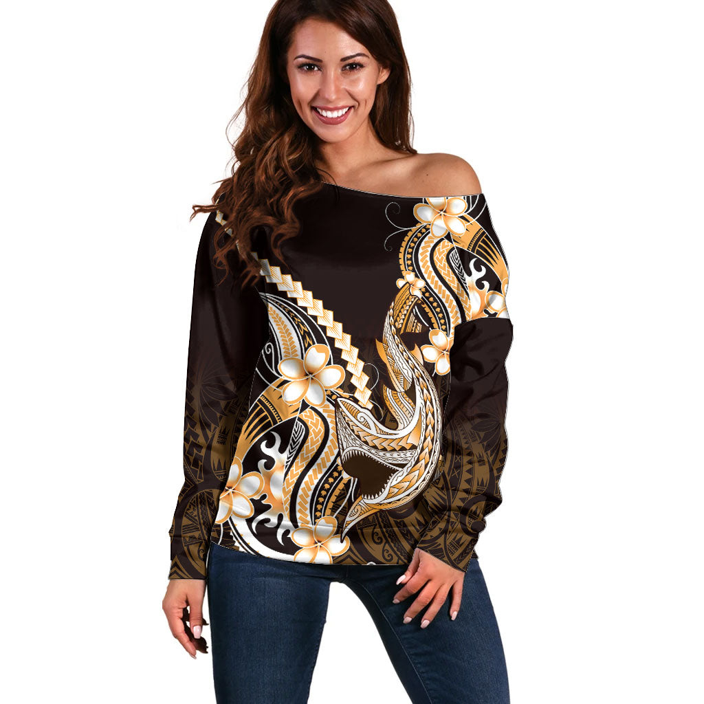 Orange Black Aloha Hawaii Off Shoulder Sweater Polynesian Shark Tattoo Plumeria LT14 Women Orange - Polynesian Pride