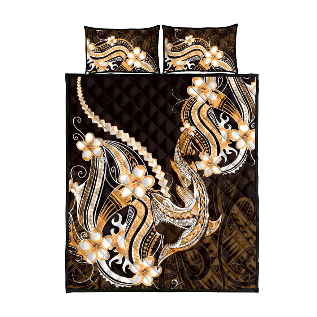 Orange Black Aloha Hawaii Quilt Bed Set Polynesian Shark Tattoo Plumeria
