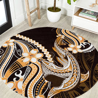 Orange Black Aloha Hawaii Round Carpet Polynesian Shark Tattoo Plumeria