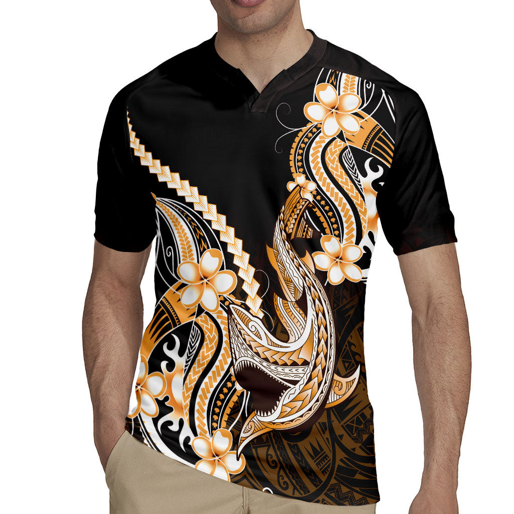 Orange Black Aloha Hawaii Rugby Jersey Polynesian Shark Tattoo Plumeria