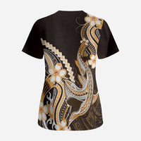 Orange Black Aloha Hawaii Scrub Top Polynesian Shark Tattoo Plumeria