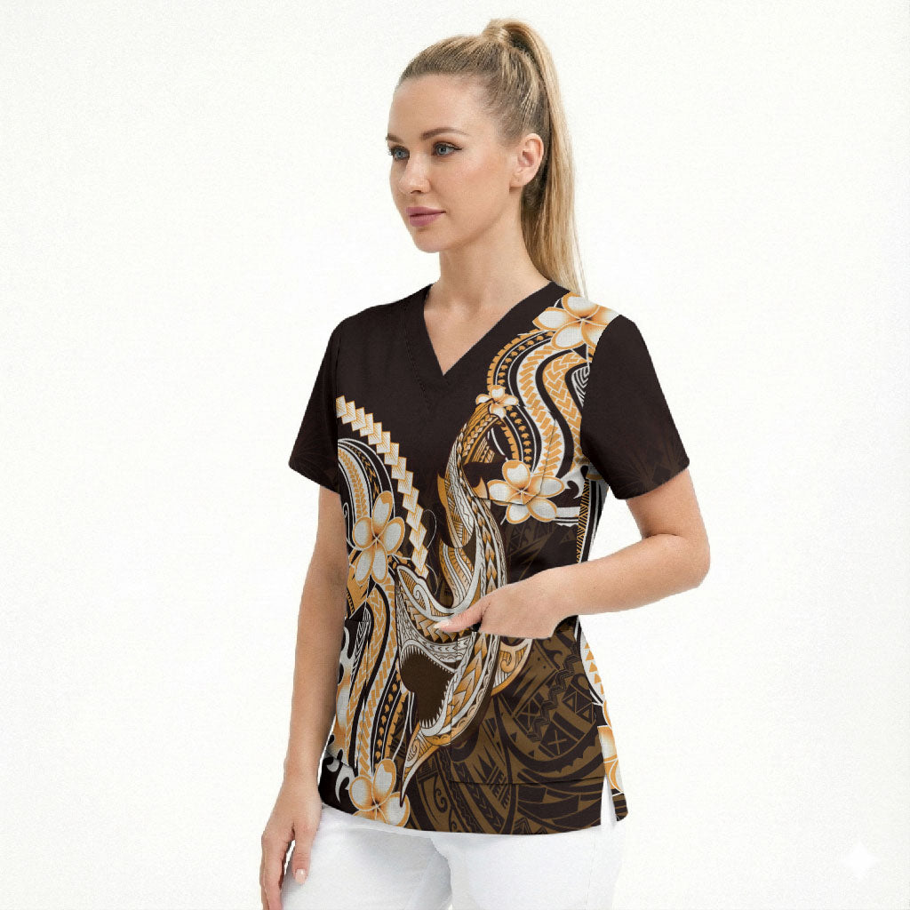 Orange Black Aloha Hawaii Scrub Top Polynesian Shark Tattoo Plumeria