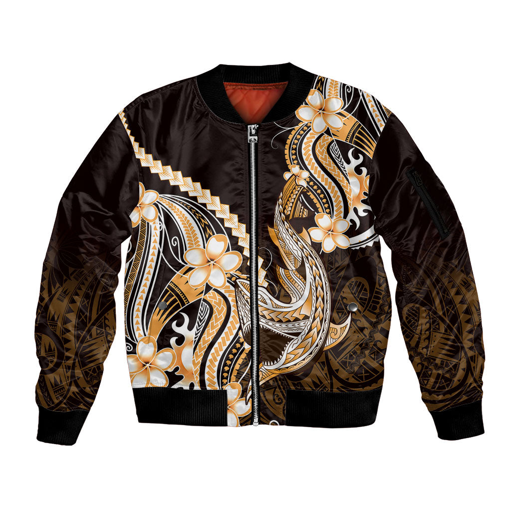 Orange Black Aloha Hawaii Sleeve Zip Bomber Jacket Polynesian Shark Tattoo Plumeria LT14 Unisex Orange - Polynesian Pride