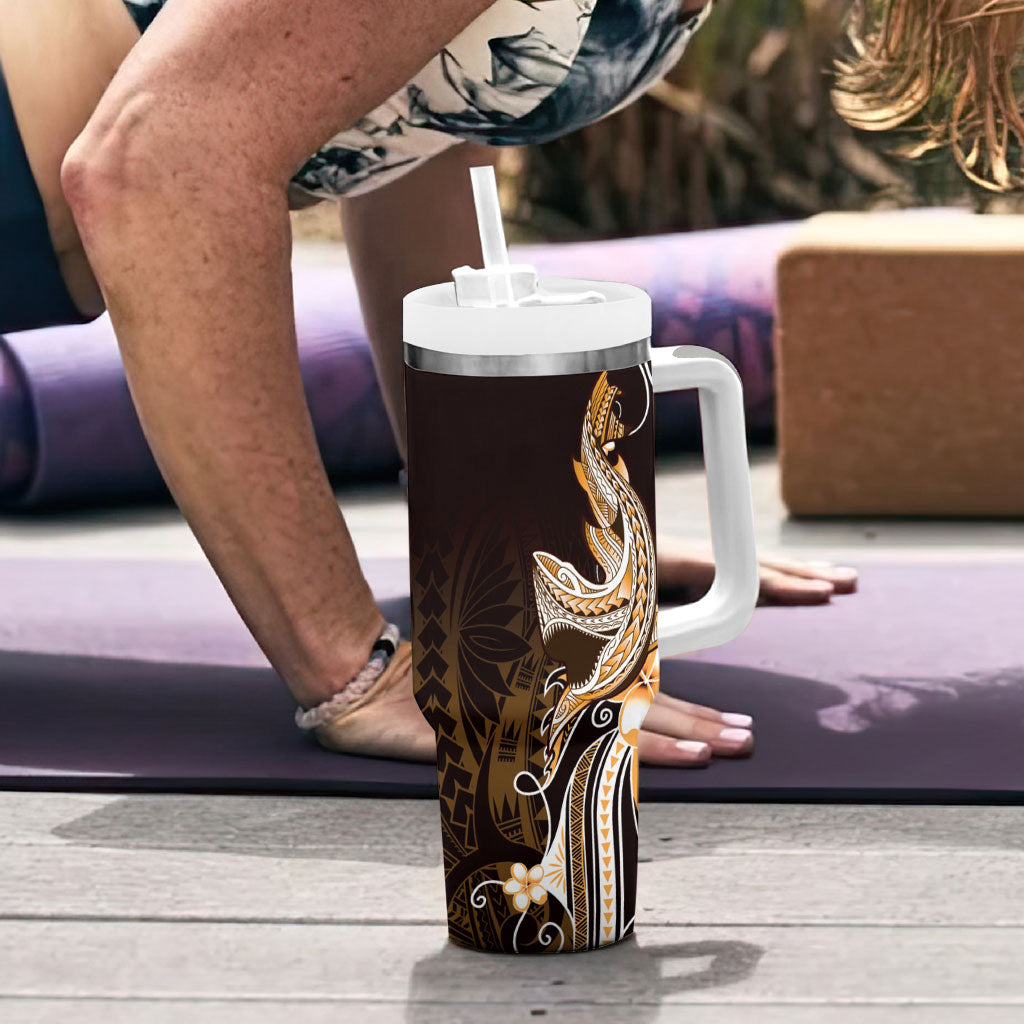 Orange Black Aloha Hawaii Tumbler With Handle Polynesian Shark Tattoo Plumeria