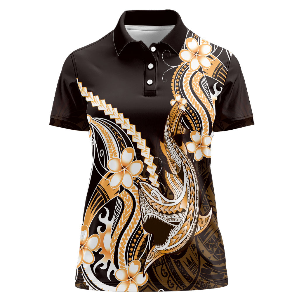 Orange Black Aloha Hawaii Women Polo Shirt Polynesian Shark Tattoo Plumeria