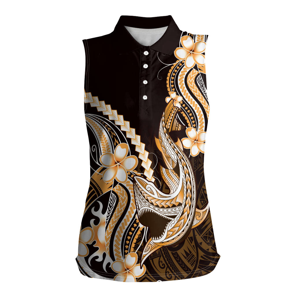 Orange Black Aloha Hawaii Women Sleeveless Polo Shirt Polynesian Shark Tattoo Plumeria LT14 Female Orange - Polynesian Pride