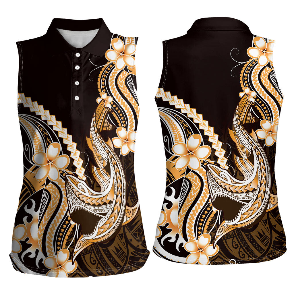 Orange Black Aloha Hawaii Women Sleeveless Polo Shirt Polynesian Shark Tattoo Plumeria