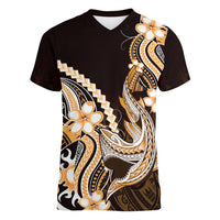 Orange Black Aloha Hawaii Women V-Neck T-Shirt Polynesian Shark Tattoo Plumeria