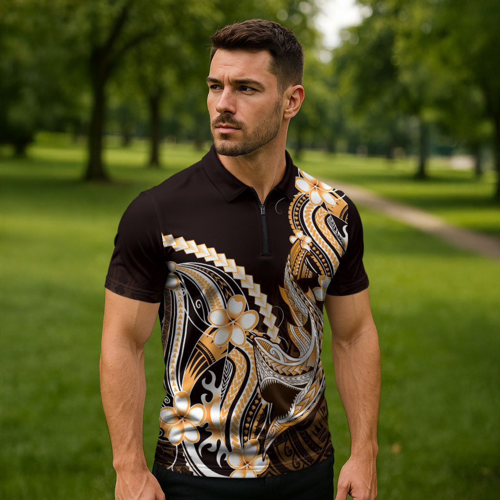 Orange Black Aloha Hawaii Zipper Polo Shirt Polynesian Shark Tattoo Plumeria