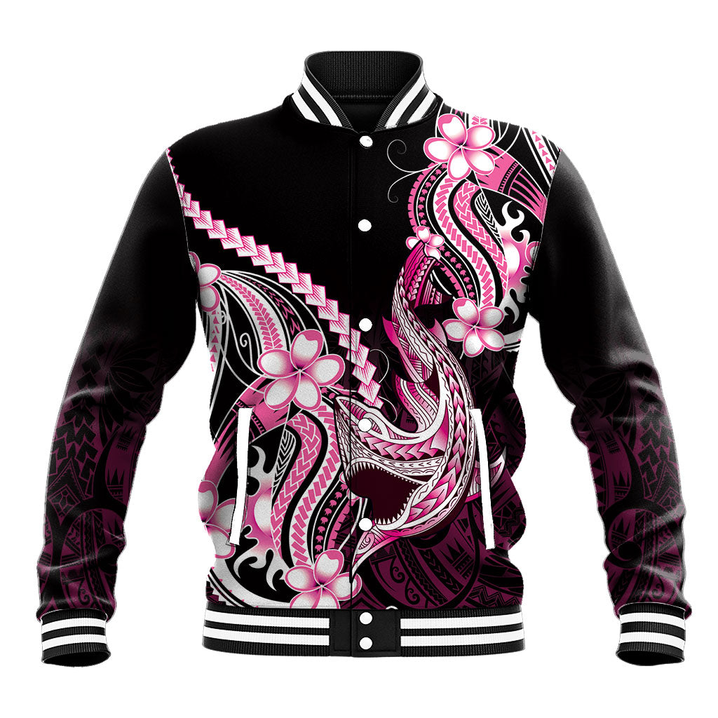 Pink Black Aloha Hawaii Baseball Jacket Polynesian Shark Tattoo Plumeria LT14 Unisex Pink - Polynesian Pride