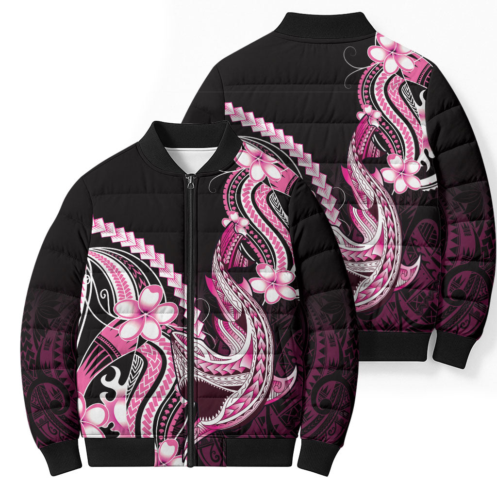 Pink Black Aloha Hawaii Bomber Puffer Jacket Polynesian Shark Tattoo Plumeria