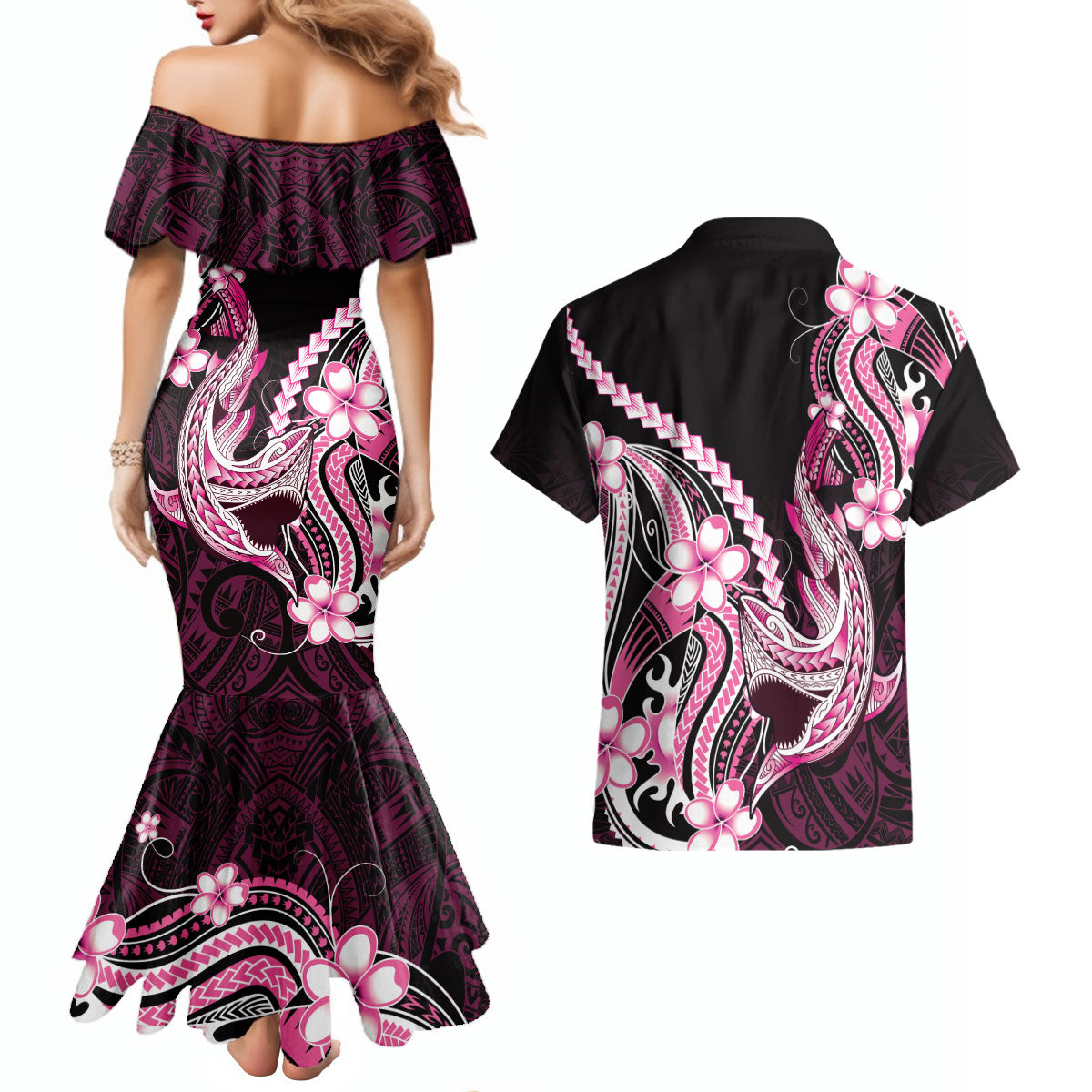 Pink Black Aloha Hawaii Couples Matching Mermaid Dress and Hawaiian Shirt Polynesian Shark Tattoo Plumeria LT14 - Polynesian Pride
