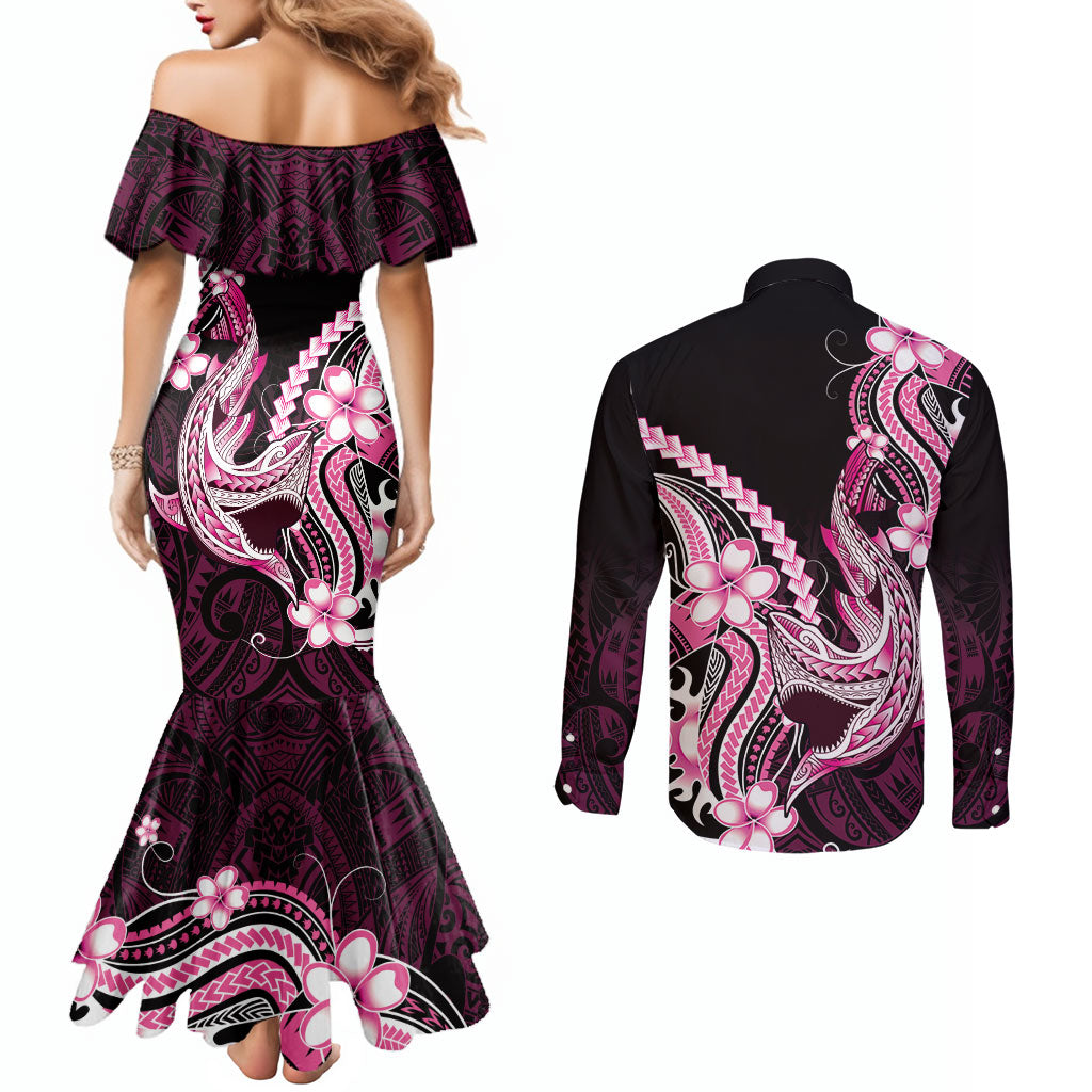 Pink Black Aloha Hawaii Couples Matching Mermaid Dress and Long Sleeve Button Shirt Polynesian Shark Tattoo Plumeria