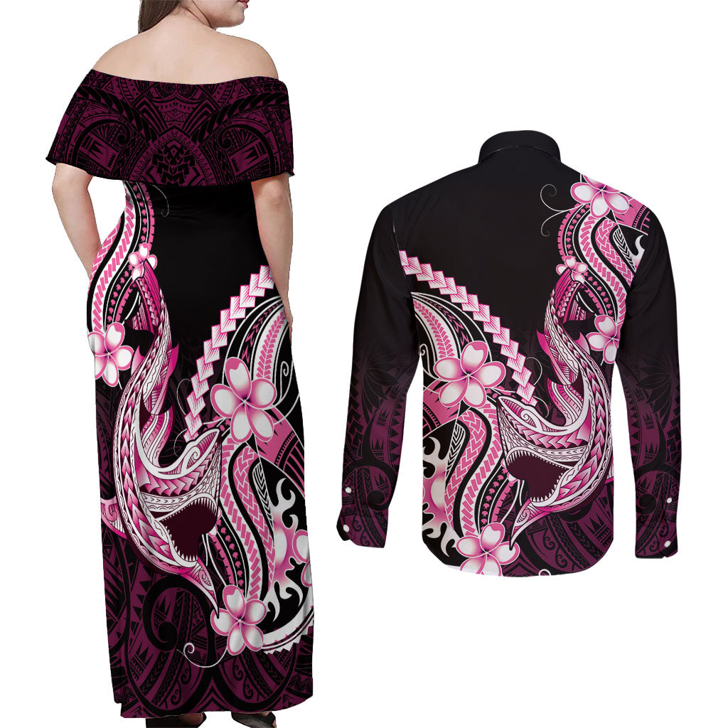 Pink Black Aloha Hawaii Couples Matching Off Shoulder Maxi Dress and Long Sleeve Button Shirt Polynesian Shark Tattoo Plumeria