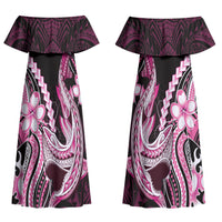 Pink Black Aloha Hawaii Couples Matching Off Shoulder Maxi Dress and Long Sleeve Button Shirt Polynesian Shark Tattoo Plumeria LT14 - Polynesian Pride