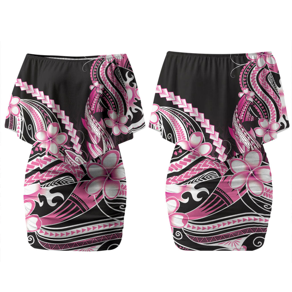 Pink Black Aloha Hawaii Couples Matching Off Shoulder Short Dress and Long Sleeve Button Shirt Polynesian Shark Tattoo Plumeria LT14 - Polynesian Pride