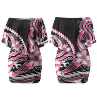 Pink Black Aloha Hawaii Couples Matching Off Shoulder Short Dress and Long Sleeve Button Shirt Polynesian Shark Tattoo Plumeria LT14 - Polynesian Pride