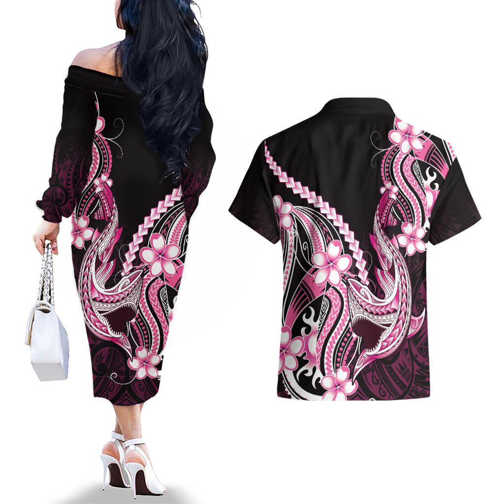 Pink Black Aloha Hawaii Couples Matching Off The Shoulder Long Sleeve Dress and Hawaiian Shirt Polynesian Shark Tattoo Plumeria LT14 - Polynesian Pride