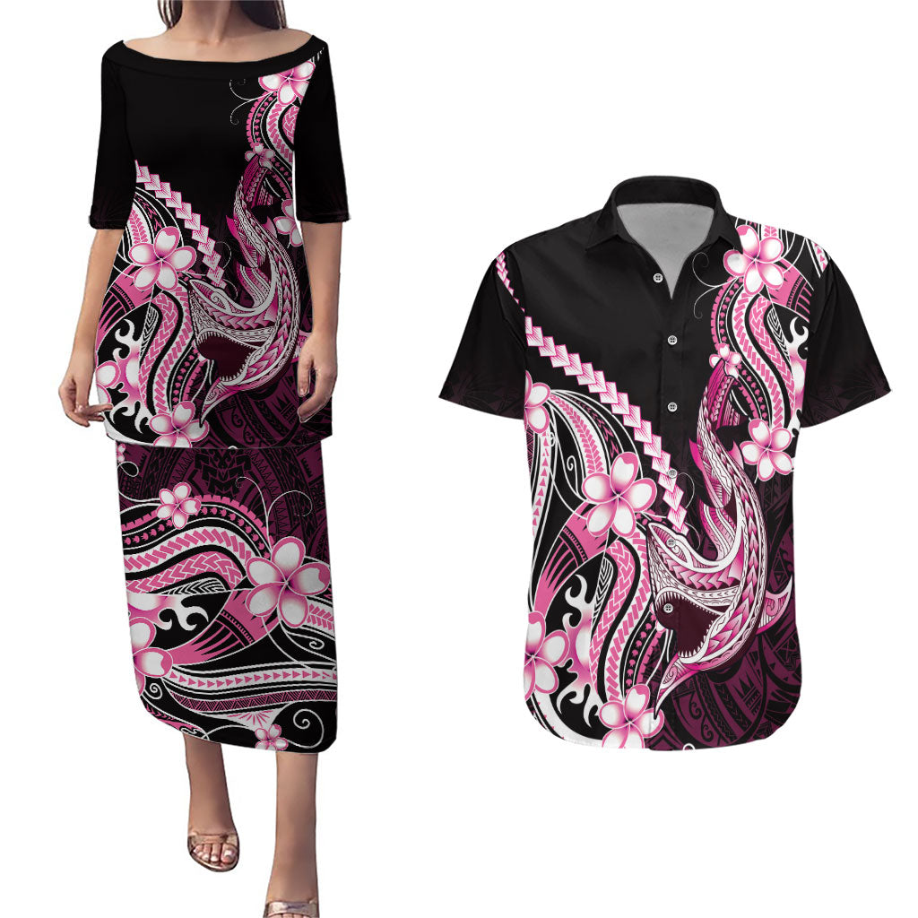 Pink Black Aloha Hawaii Couples Matching Puletasi and Hawaiian Shirt Polynesian Shark Tattoo Plumeria