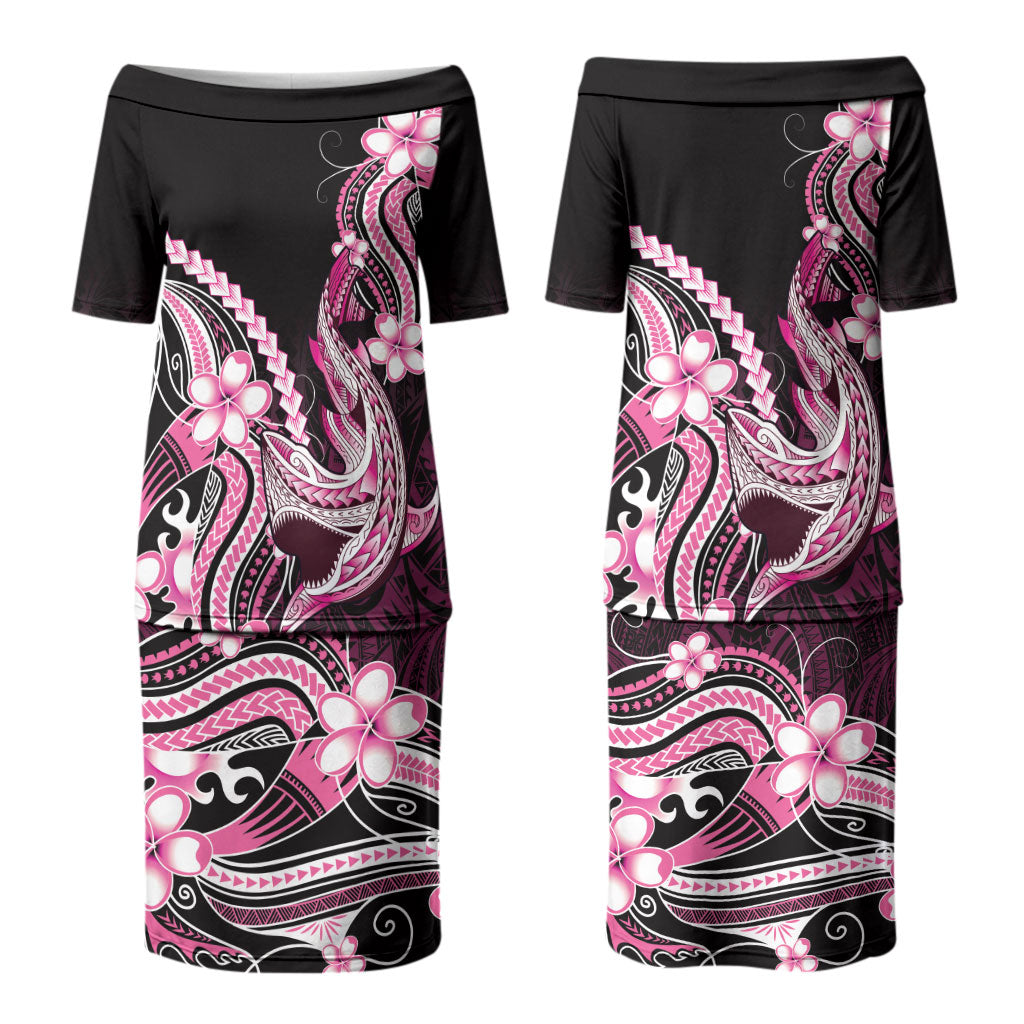 Pink Black Aloha Hawaii Couples Matching Puletasi and Hawaiian Shirt Polynesian Shark Tattoo Plumeria LT14 - Polynesian Pride