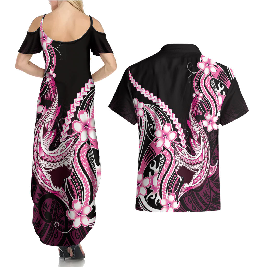 Pink Black Aloha Hawaii Couples Matching Summer Maxi Dress and Hawaiian Shirt Polynesian Shark Tattoo Plumeria