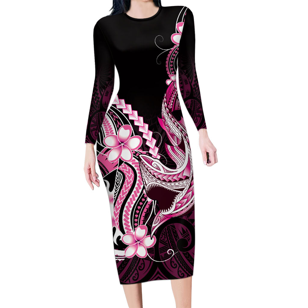 Pink Black Aloha Hawaii Family Matching Long Sleeve Bodycon Dress and Hawaiian Shirt Polynesian Shark Tattoo Plumeria LT14 Mom's Dress Pink - Polynesian Pride