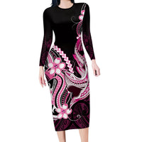 Pink Black Aloha Hawaii Family Matching Long Sleeve Bodycon Dress and Hawaiian Shirt Polynesian Shark Tattoo Plumeria LT14 Mom's Dress Pink - Polynesian Pride