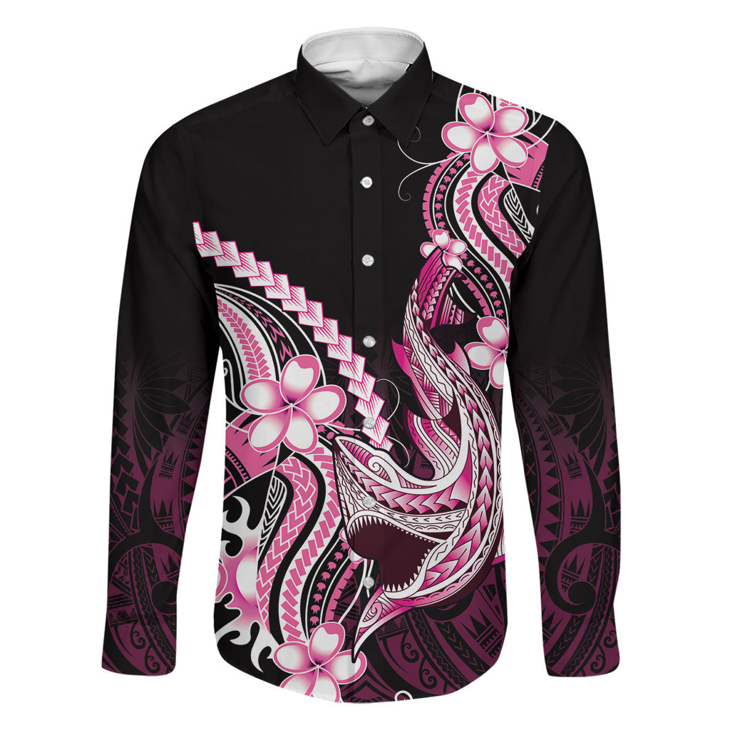 Pink Black Aloha Hawaii Family Matching Off The Shoulder Long Sleeve Dress and Hawaiian Shirt Polynesian Shark Tattoo Plumeria LT14 Dad's Shirt - Long Sleeve Pink - Polynesian Pride