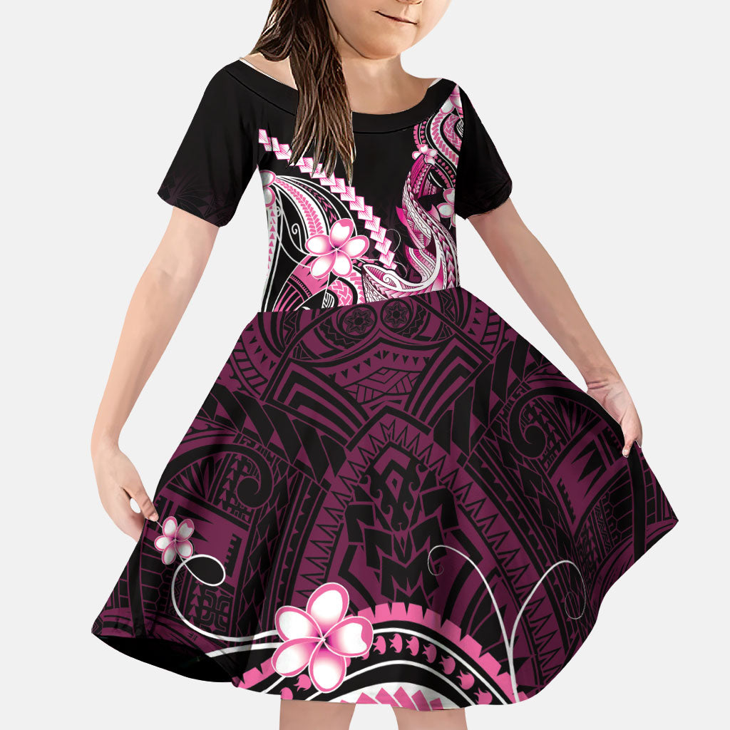 Pink Black Aloha Hawaii Family Matching Off Shoulder Maxi Dress and Hawaiian Shirt Polynesian Shark Tattoo Plumeria LT14 Daughter's Dress Pink - Polynesian Pride