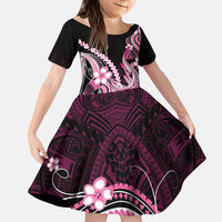 Pink Black Aloha Hawaii Family Matching Off Shoulder Short Dress and Hawaiian Shirt Polynesian Shark Tattoo Plumeria LT14 Daughter's Dress Pink - Polynesian Pride