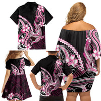 Pink Black Aloha Hawaii Family Matching Off Shoulder Short Dress and Hawaiian Shirt Polynesian Shark Tattoo Plumeria LT14 - Polynesian Pride