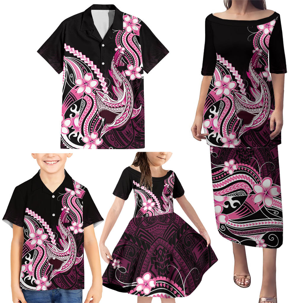 Pink Black Aloha Hawaii Family Matching Puletasi and Hawaiian Shirt Polynesian Shark Tattoo Plumeria LT14 - Polynesian Pride