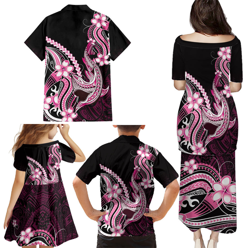Pink Black Aloha Hawaii Family Matching Puletasi and Hawaiian Shirt Polynesian Shark Tattoo Plumeria LT14 - Polynesian Pride