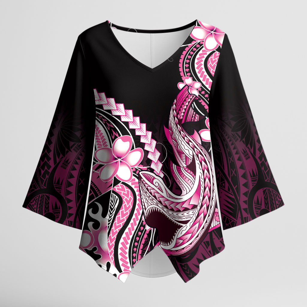 Pink Black Aloha Hawaii Kimono Sleeve Blouse Polynesian Shark Tattoo Plumeria LT14 Female Pink - Polynesian Pride