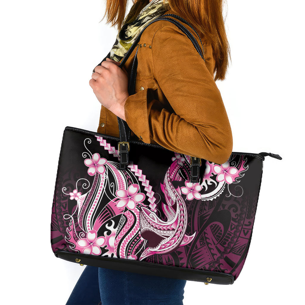 Pink Black Aloha Hawaii Leather Tote Bag Polynesian Shark Tattoo Plumeria