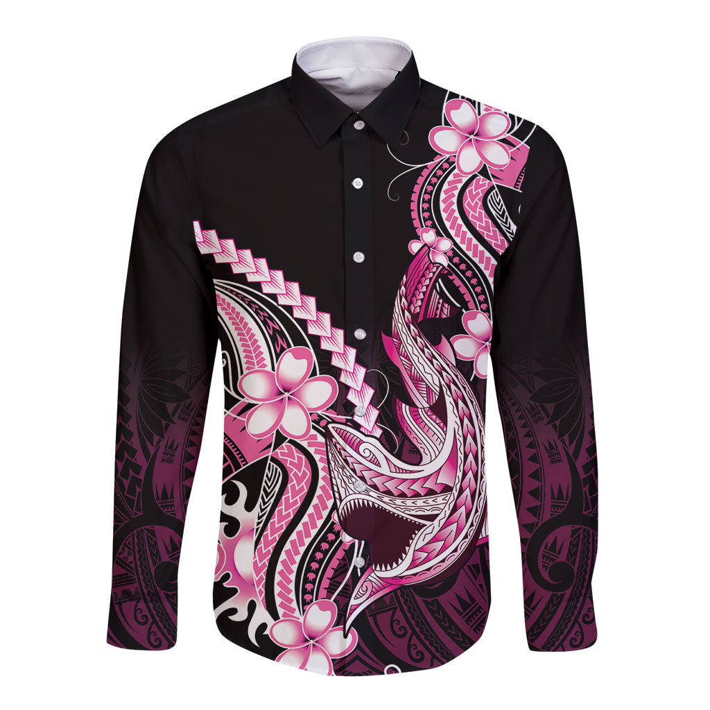 Pink Black Aloha Hawaii Long Sleeve Button Shirt Polynesian Shark Tattoo Plumeria LT14 Unisex Pink - Polynesian Pride