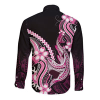 Pink Black Aloha Hawaii Long Sleeve Button Shirt Polynesian Shark Tattoo Plumeria